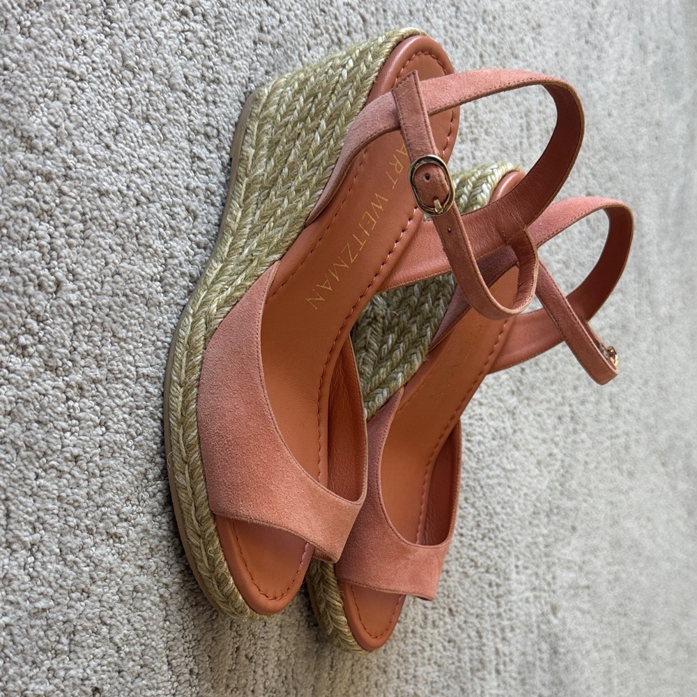 Stuart Weitzman Coral Suede Espadrille Wedge Sandals with Ankle Strap - Picture 2 of 5